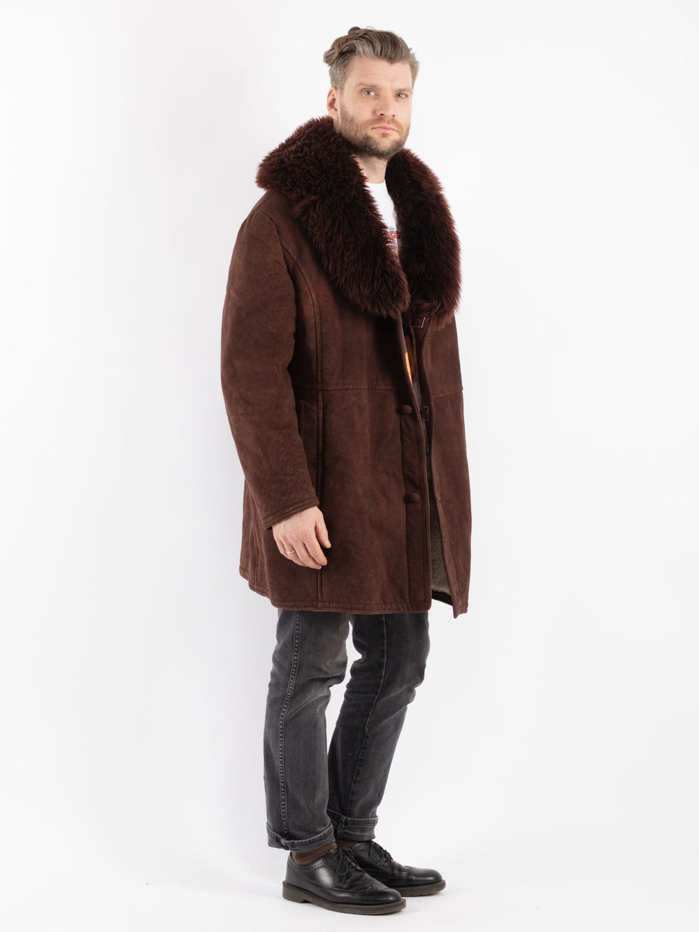 Vintage 70's Men Sheepskin Shearling Coat in Brown