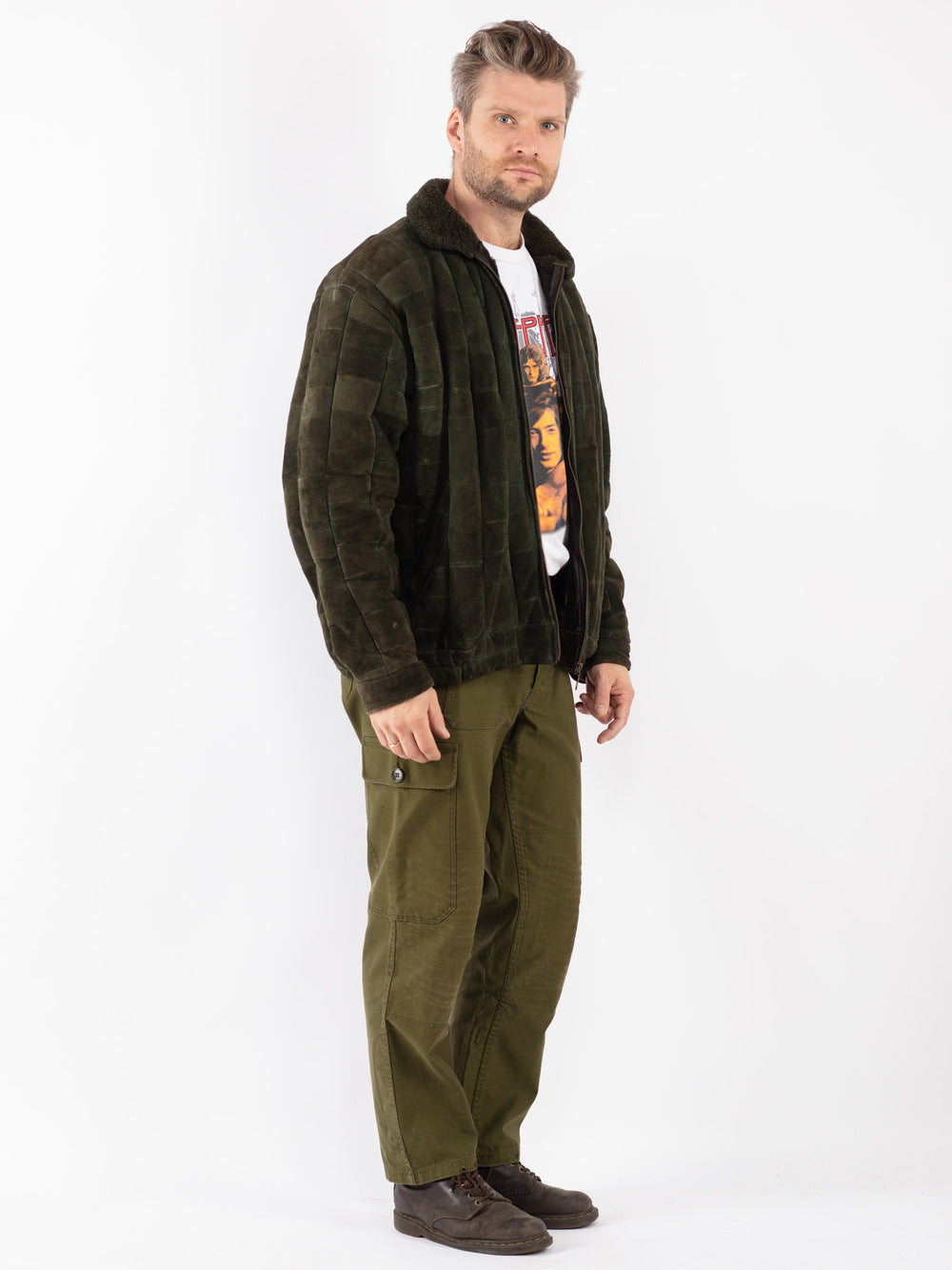 Vintage 70's Men Sheepskin Jacket in Green