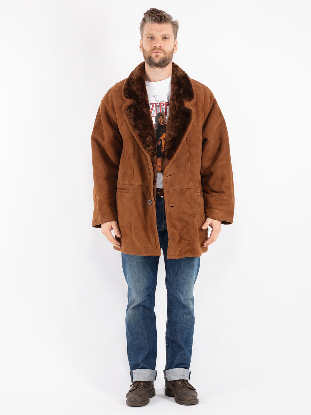 Vintage Men Sheepskin Shearling Coat in Brown