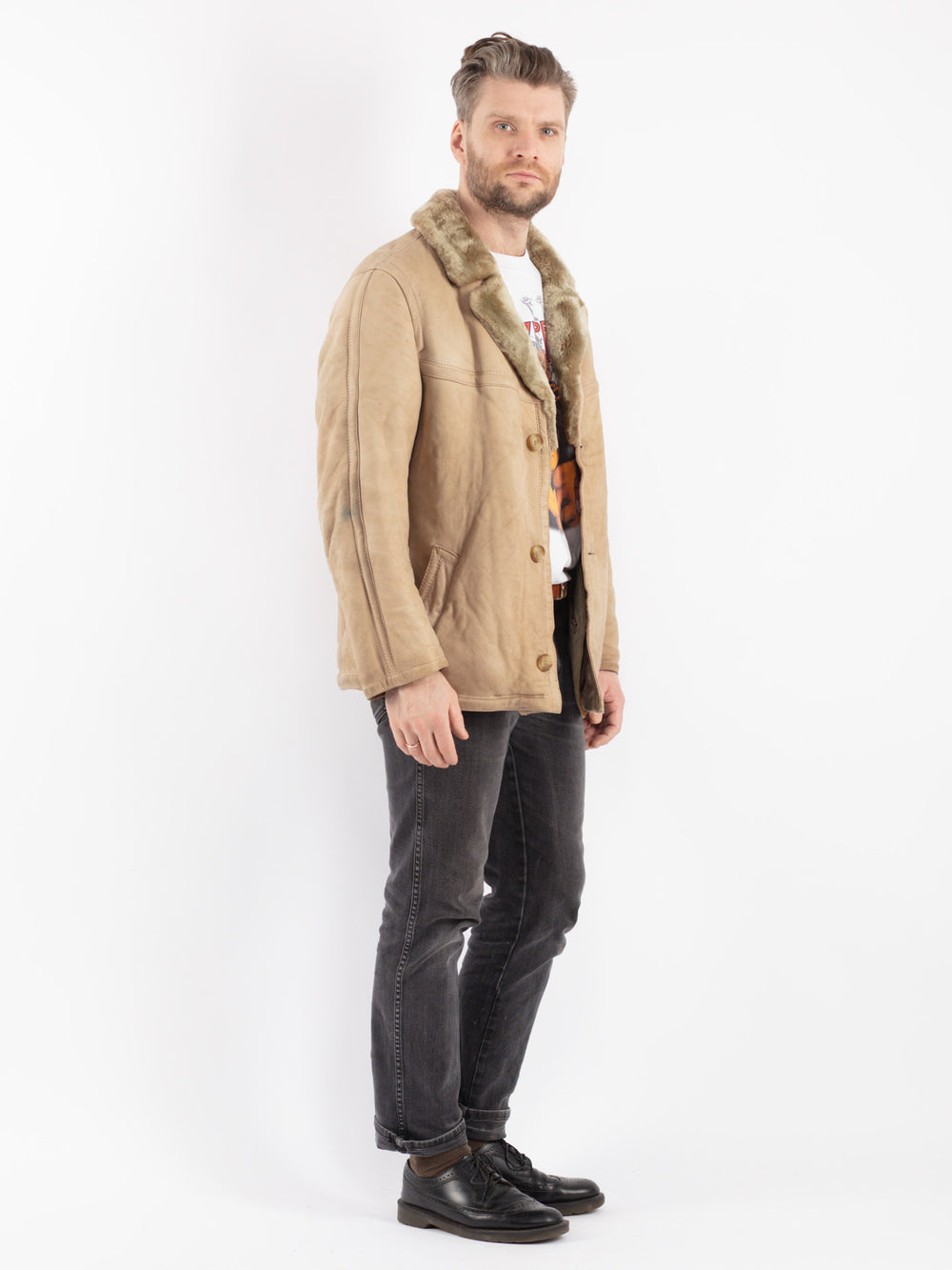 Vintage 70's Men Sheepskin Jacket in Beige