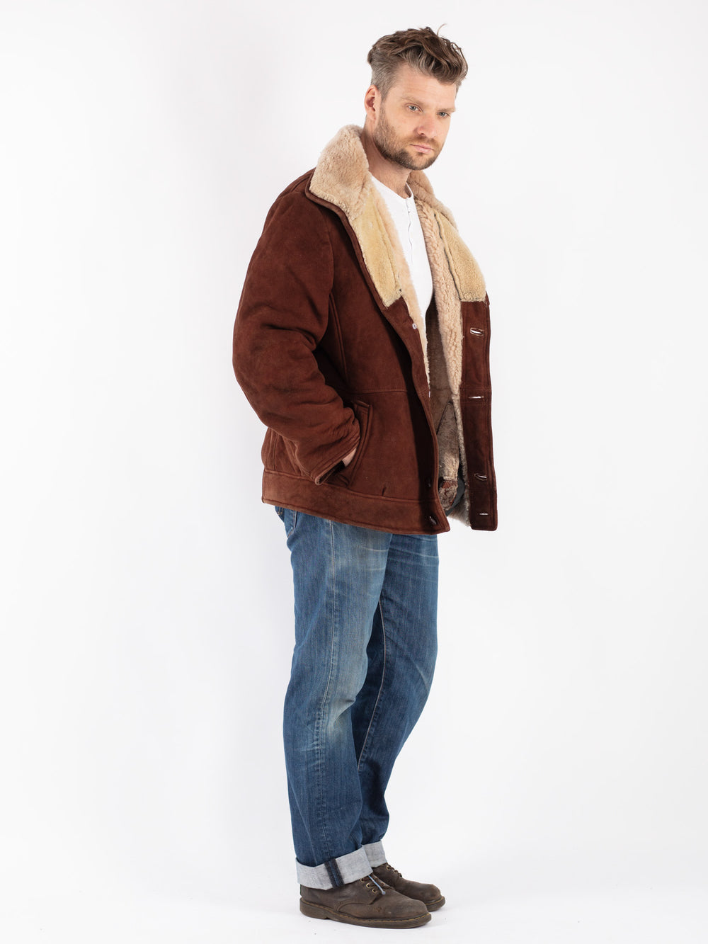 Vintage 70's Men Sheepskin Shearling Jacket in Brown