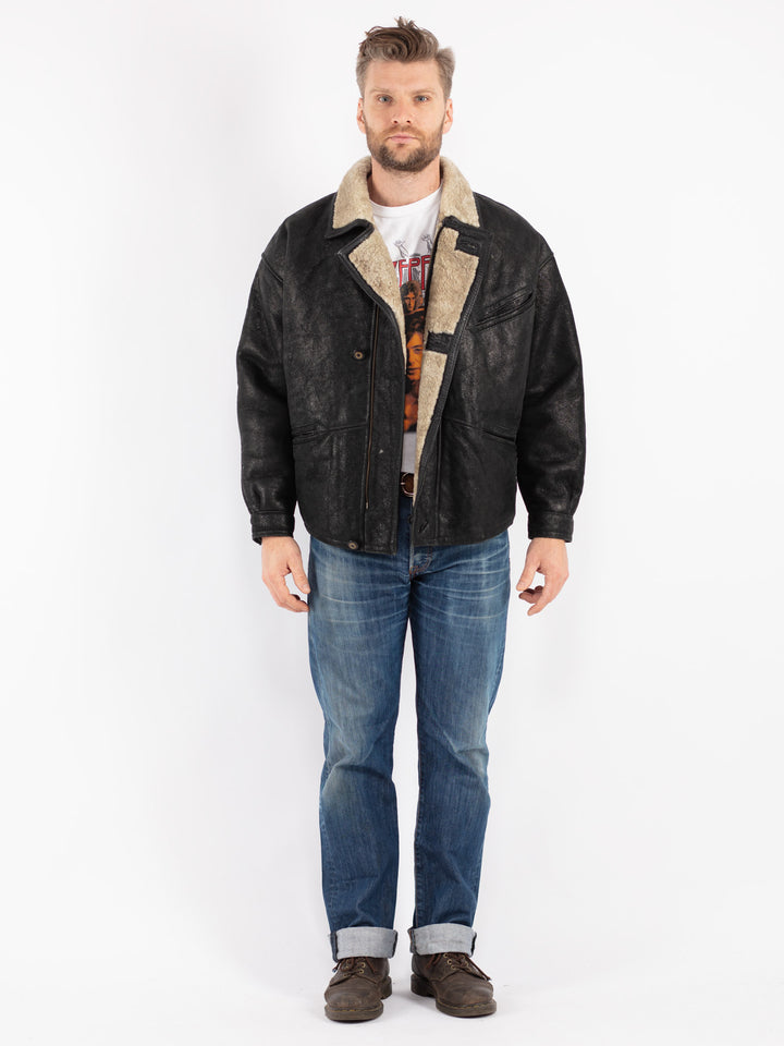 Vintage Men Sheepskin Jacket in Black