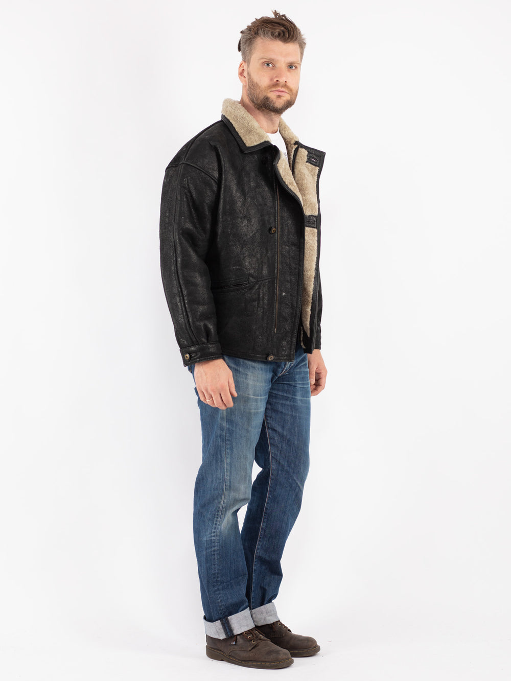 Vintage Men Sheepskin Jacket in Black