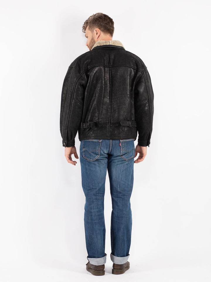 Vintage Men Sheepskin Jacket in Black