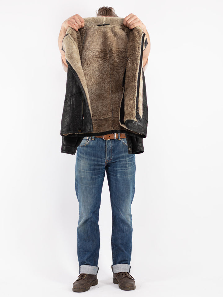 Vintage Men Sheepskin Jacket in Black