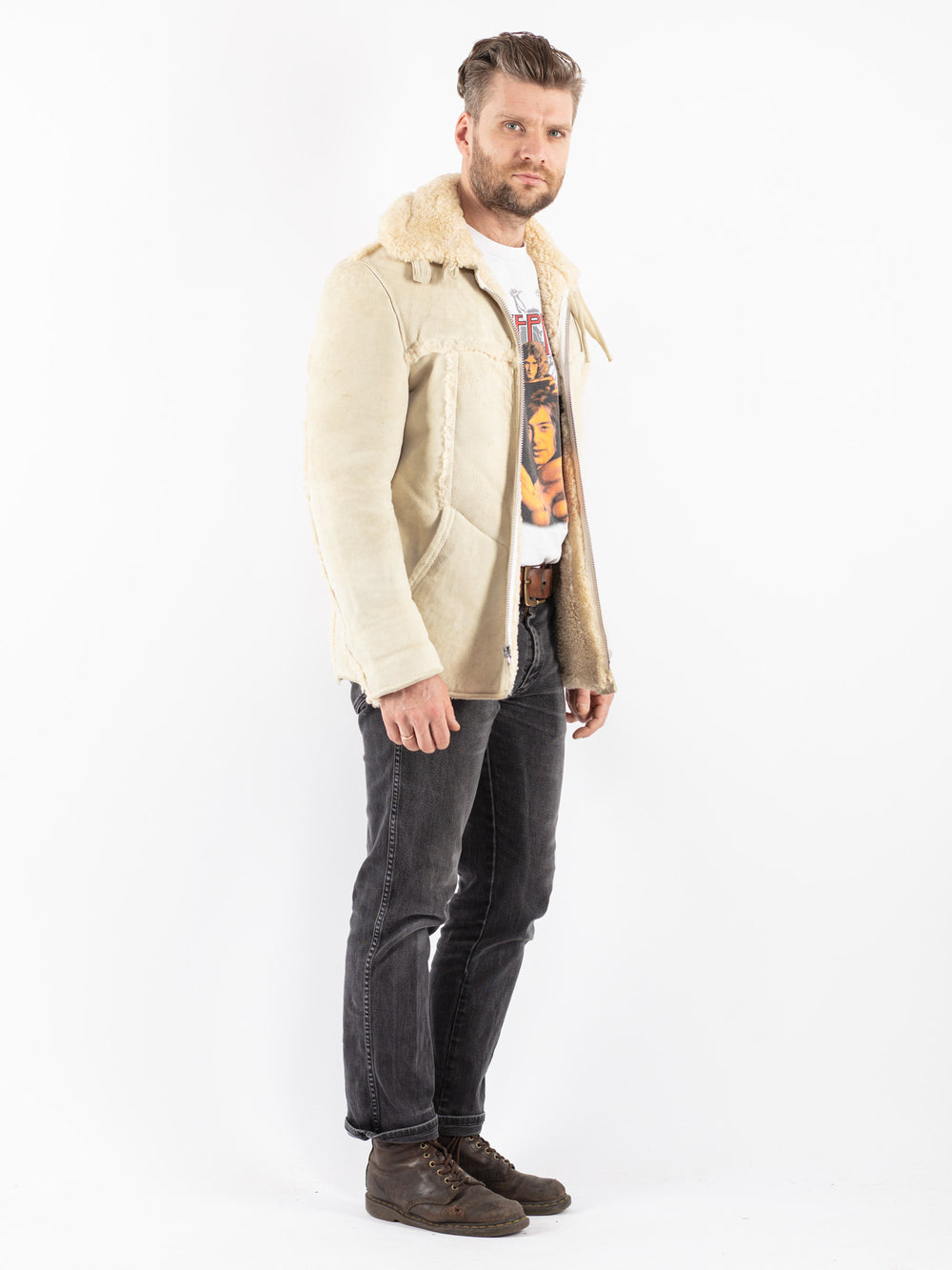 Vintage 70's Men Sheepskin Jacket in Beige