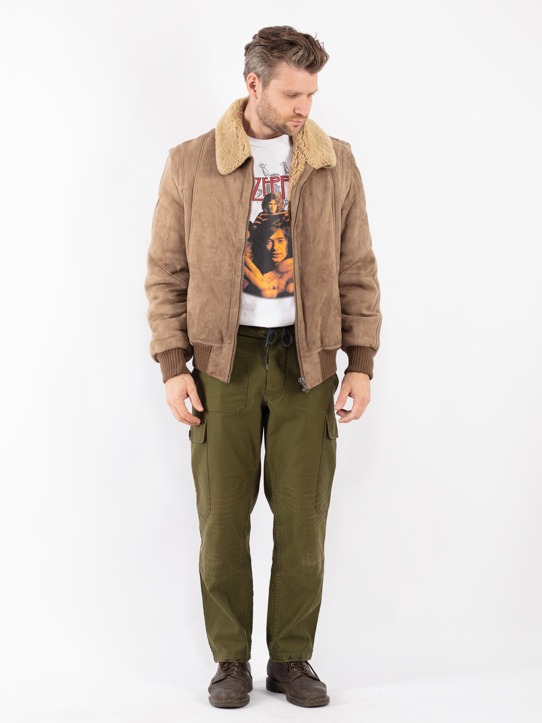 Vintage Men Sheepskin Jacket in Beige