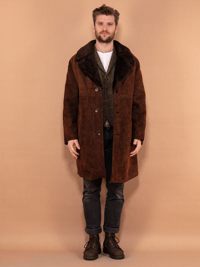 Men Sheepskin Coat 70's, Size L Vintage Boho Shearling Coat, Retro Winter Coat, Men Outerwear, Brown Overcoat, 70s Men Outerwear