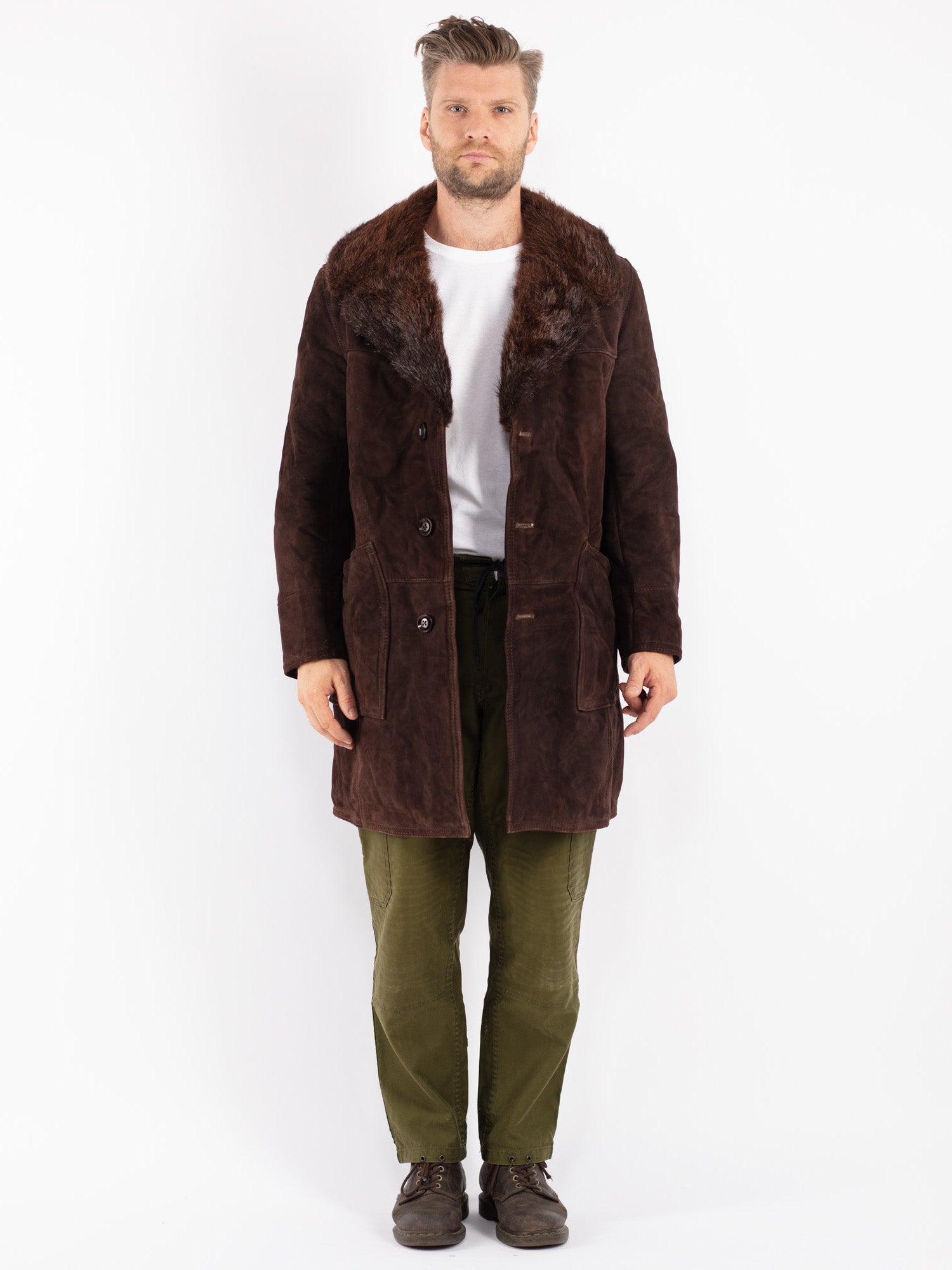 Vintage 70 s Men Sheepskin Shearling Coat in Brown