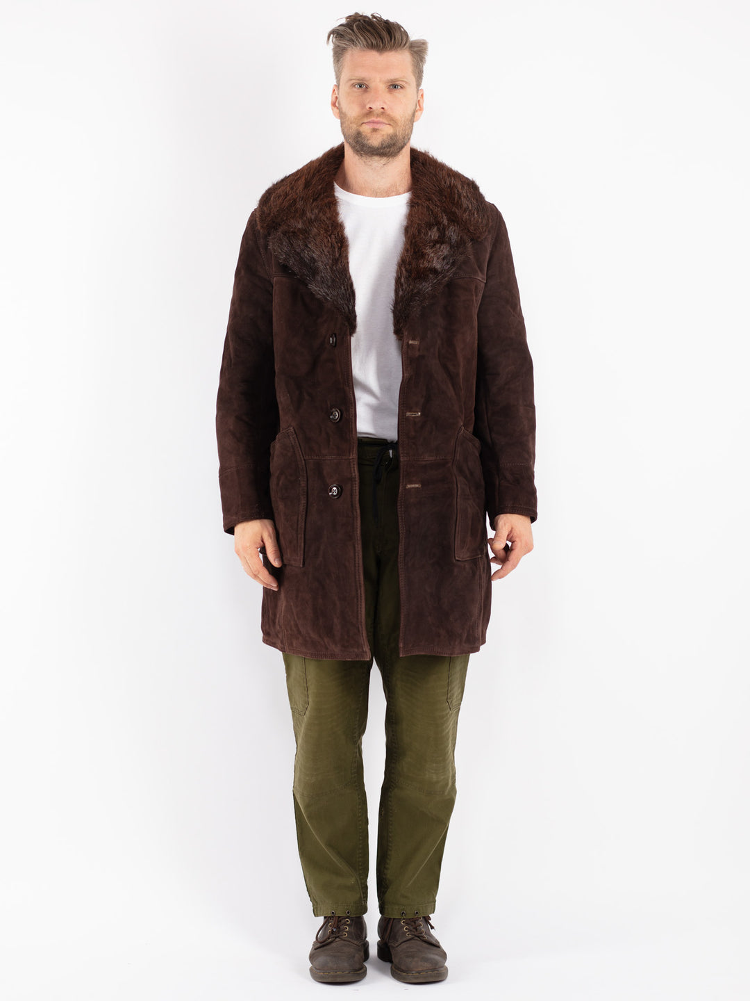 Vintage Men Sheepskin Shearling Coat in Brown