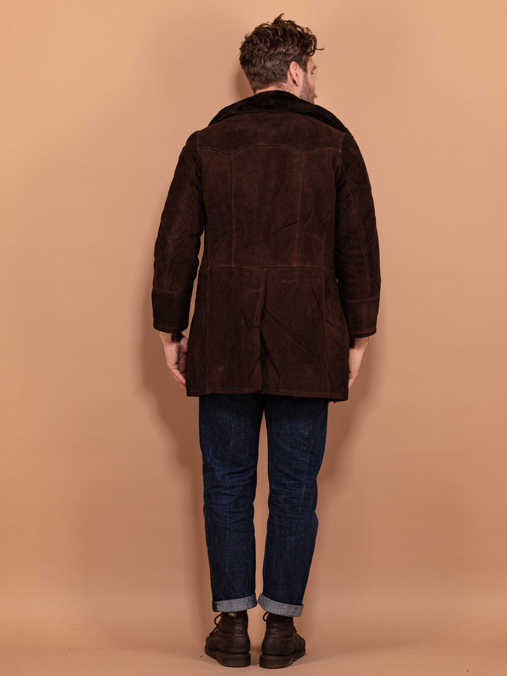 Vintage 70's Men Sheepskin Suede Coat in Brown - NorthernGrip