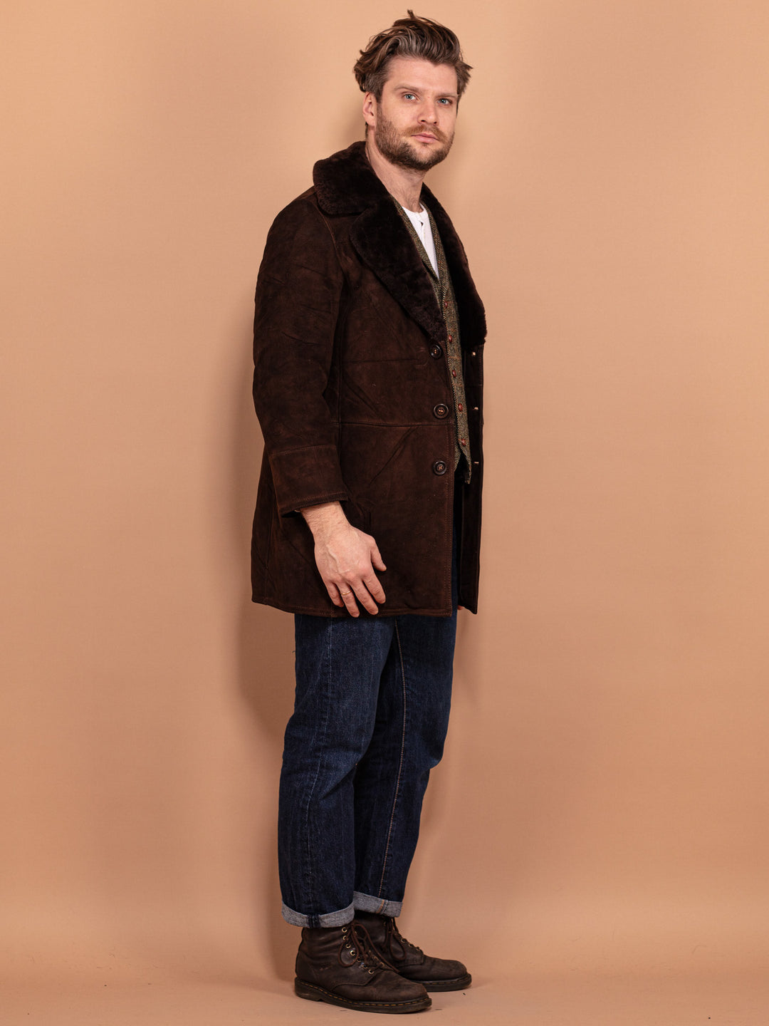 Sheepskin Suede Coat 70s, S Size Vintage Sheepskin Coat, Boho Men Coat, Warm Shearling Coat, Old Fashioned Suede Overcoat, Trapper Coat