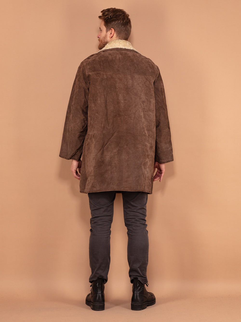 Vintage 70's Men Sheepskin Suede Coat in Brown - NorthernGrip