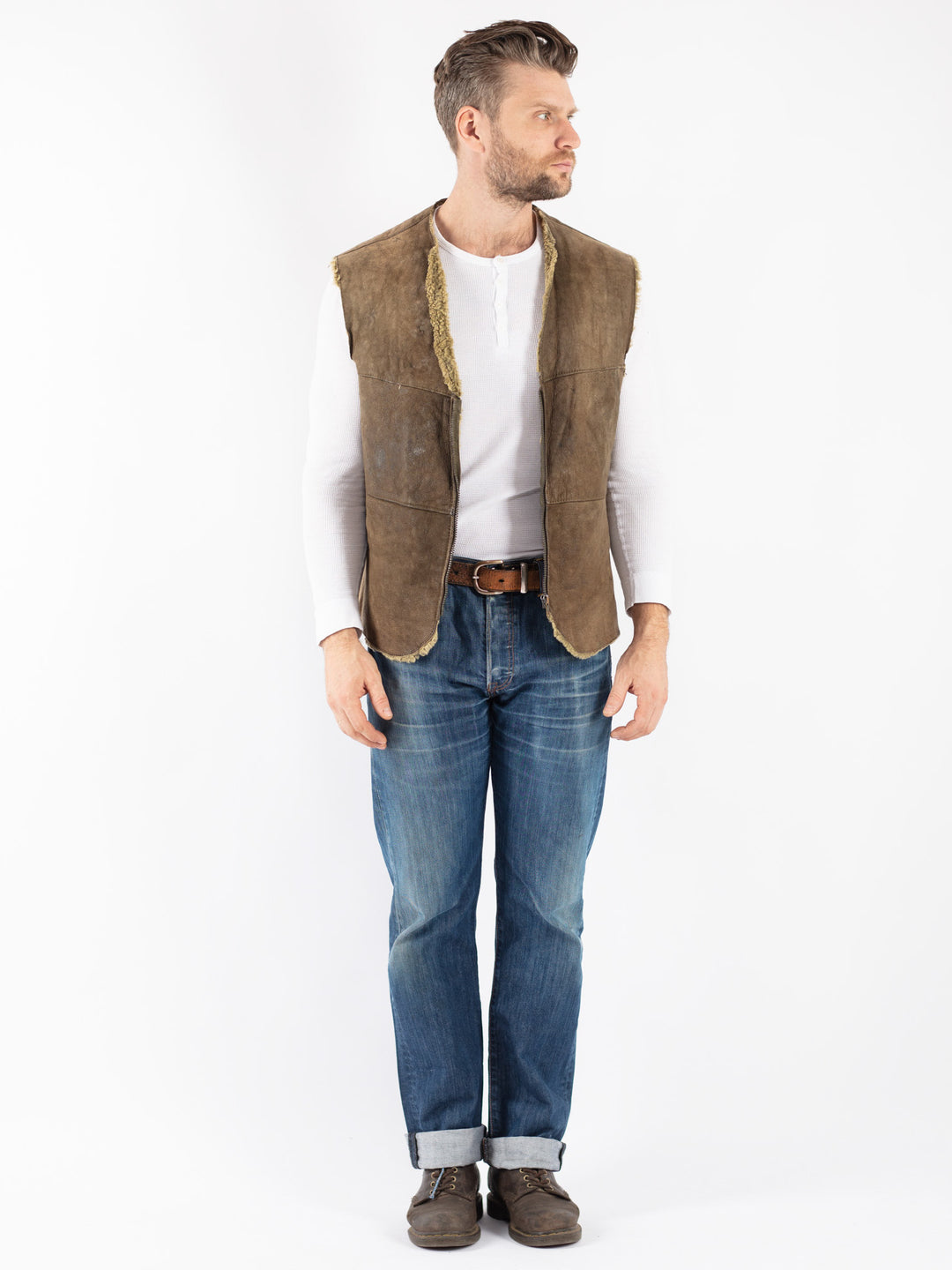 Vintage 70's Men Sheepskin Vest in Green