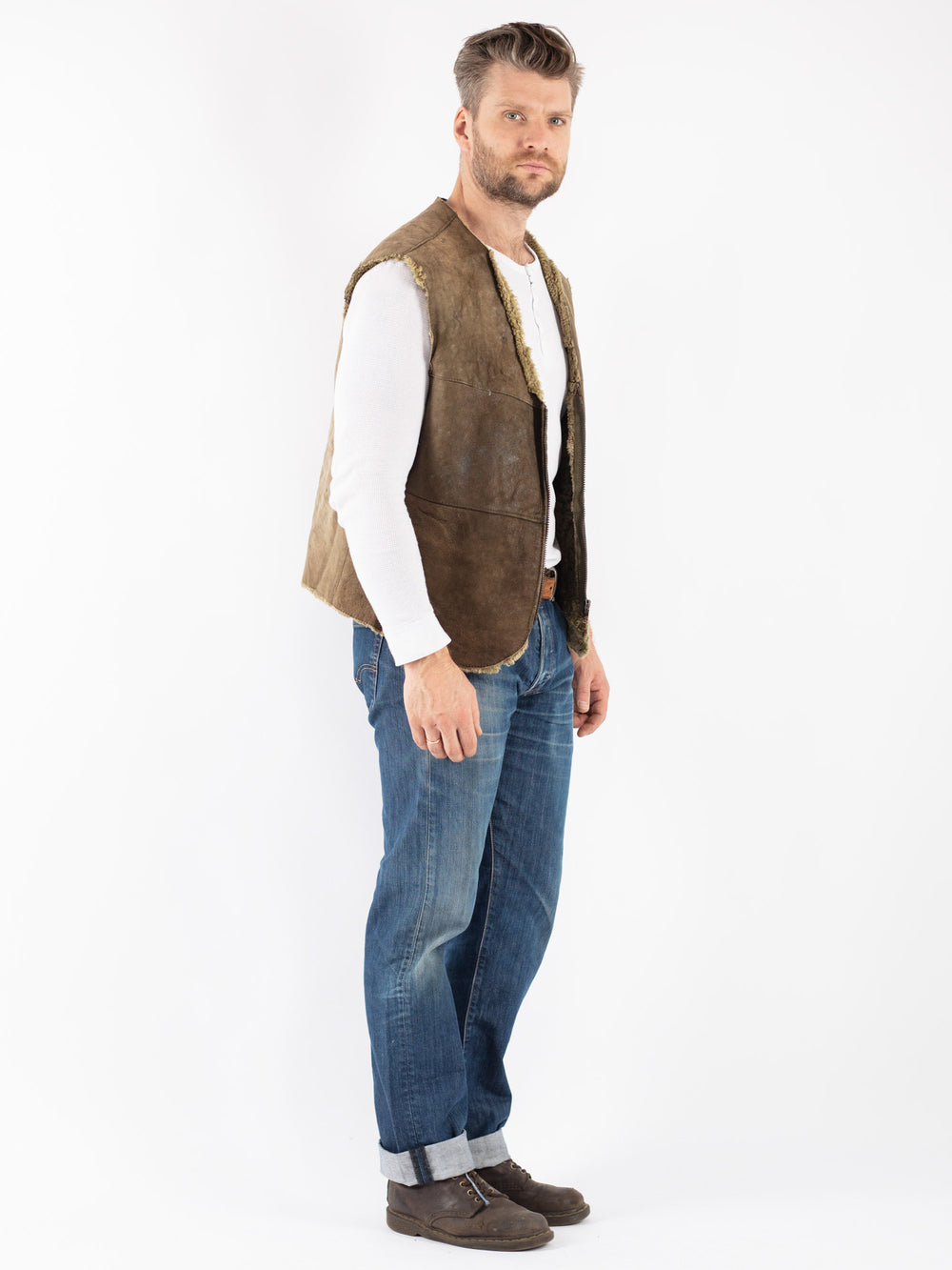 Vintage 70's Men Sheepskin Vest in Green