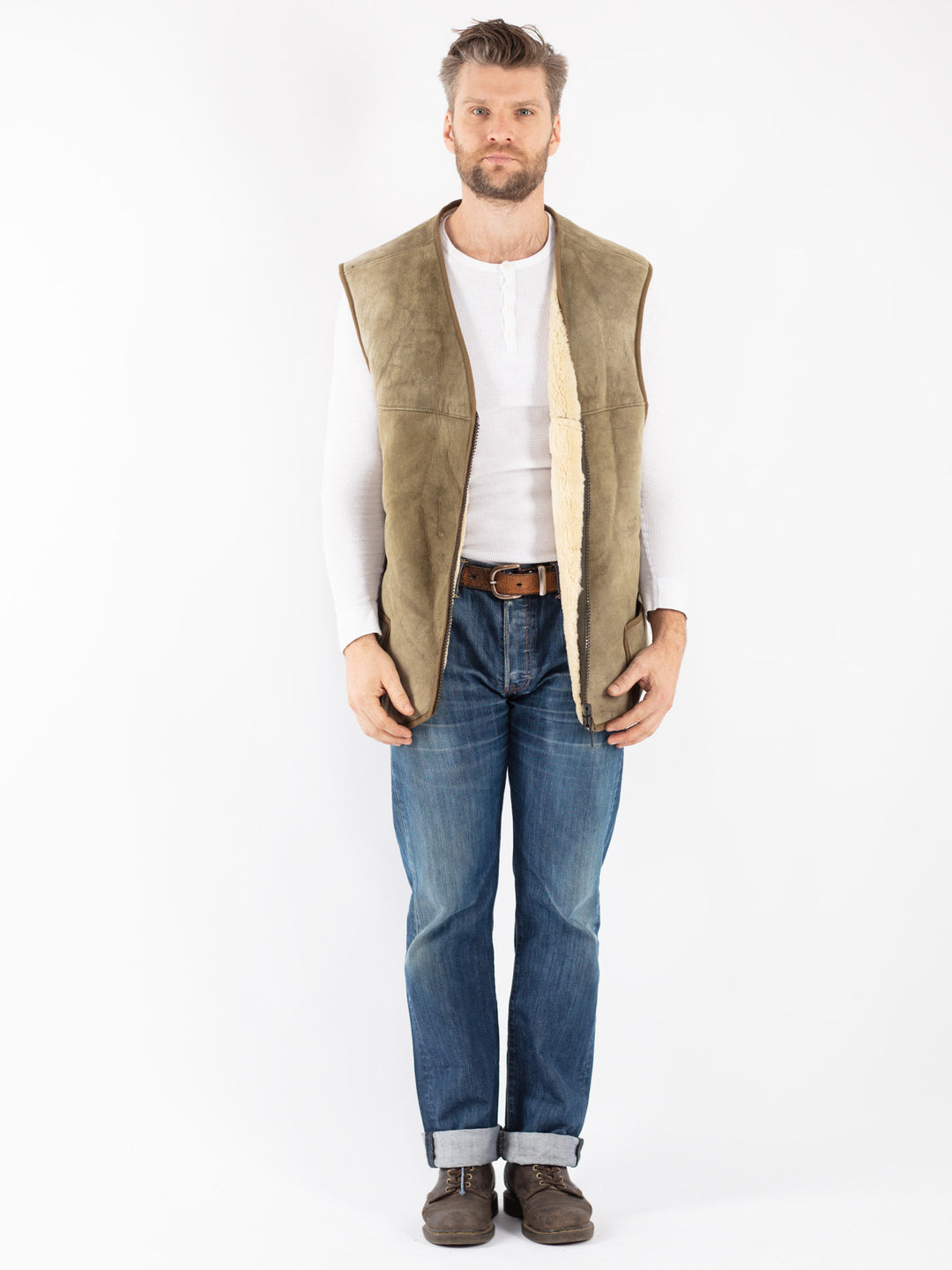 Vintage 70's Men Sheepskin Vest in Green