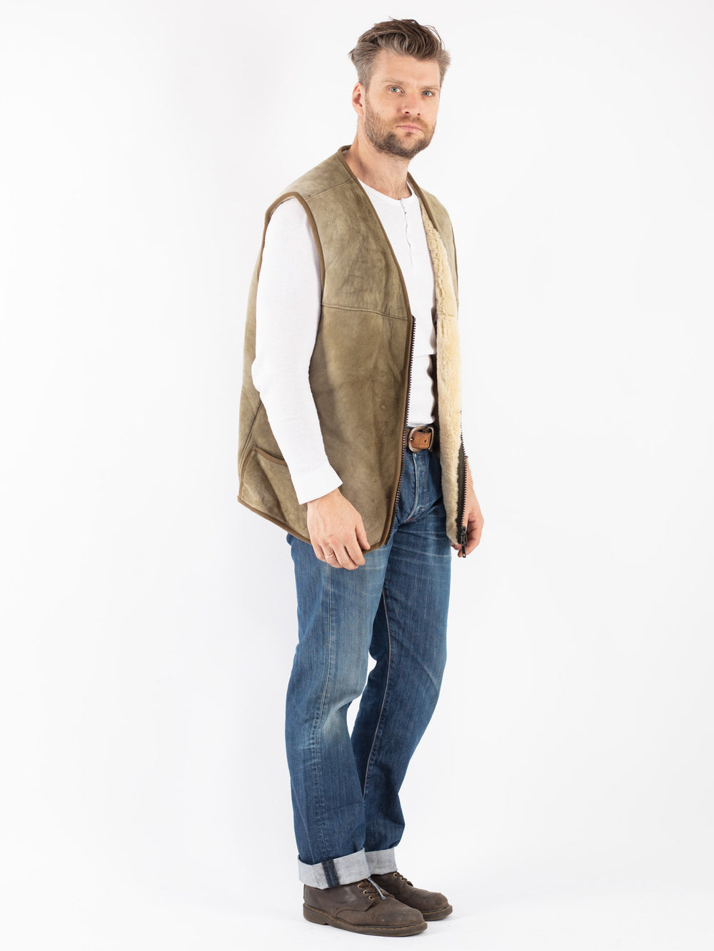 Vintage 70's Men Sheepskin Vest in Green