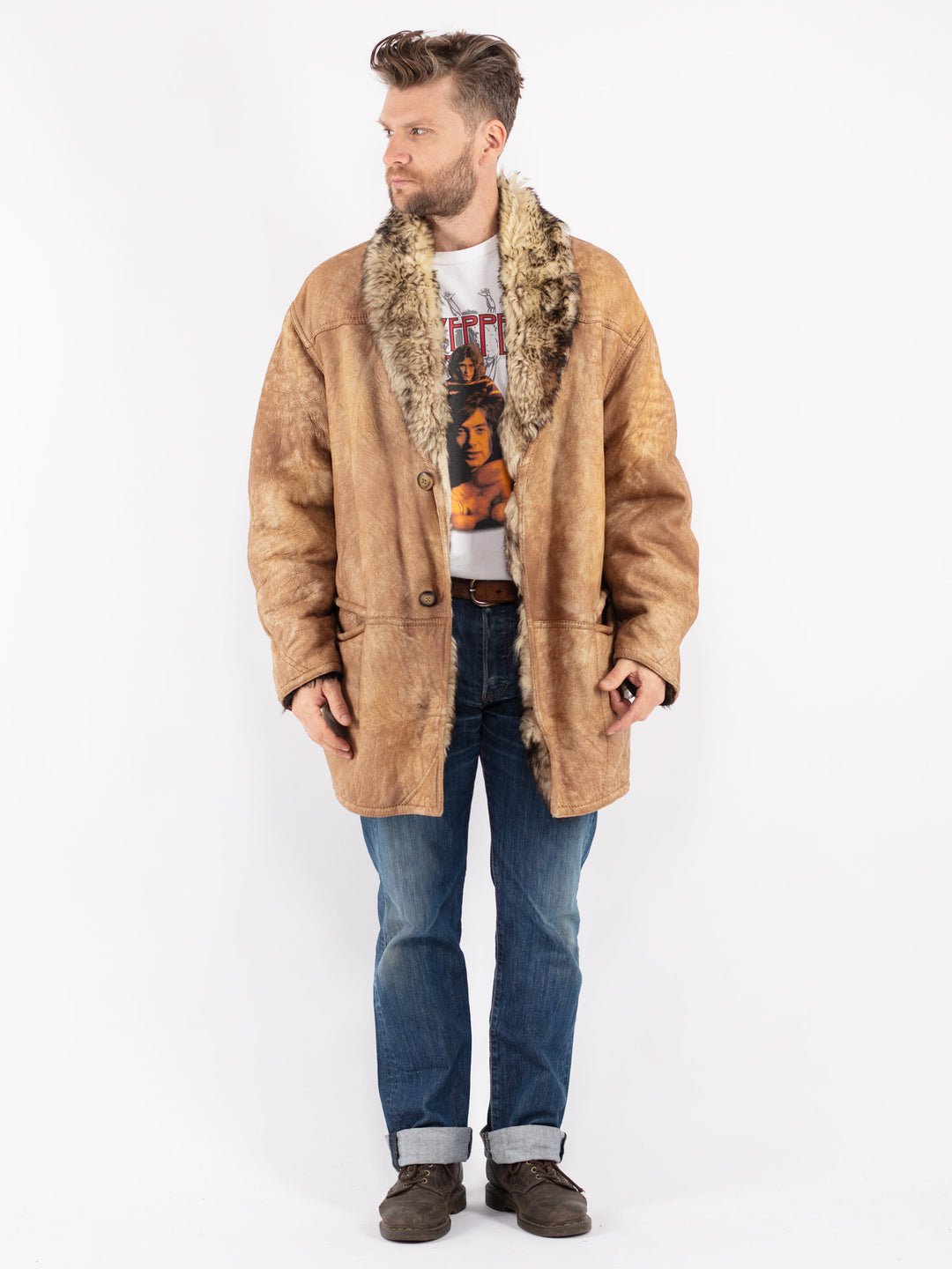 Vintage 70's Men Sheepskin Shearling Coat in Beige