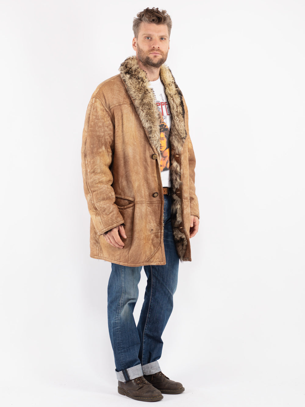 Vintage 70's Men Sheepskin Shearling Coat in Beige