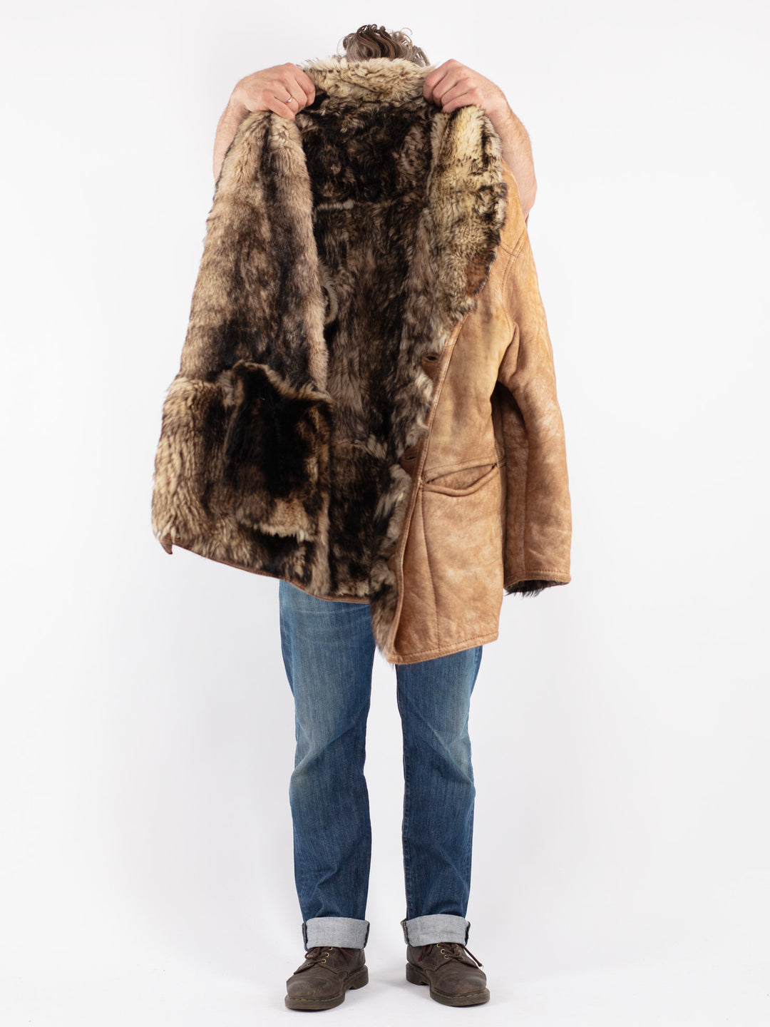 Vintage 70's Men Sheepskin Shearling Coat in Beige