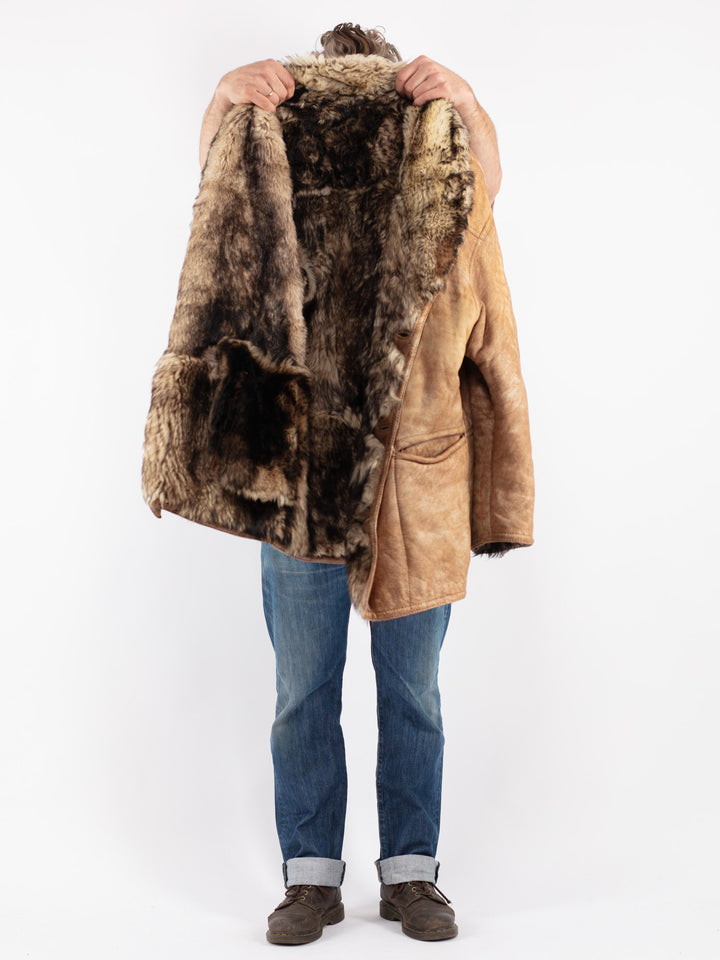 Vintage 70's Men Sheepskin Shearling Coat in Beige