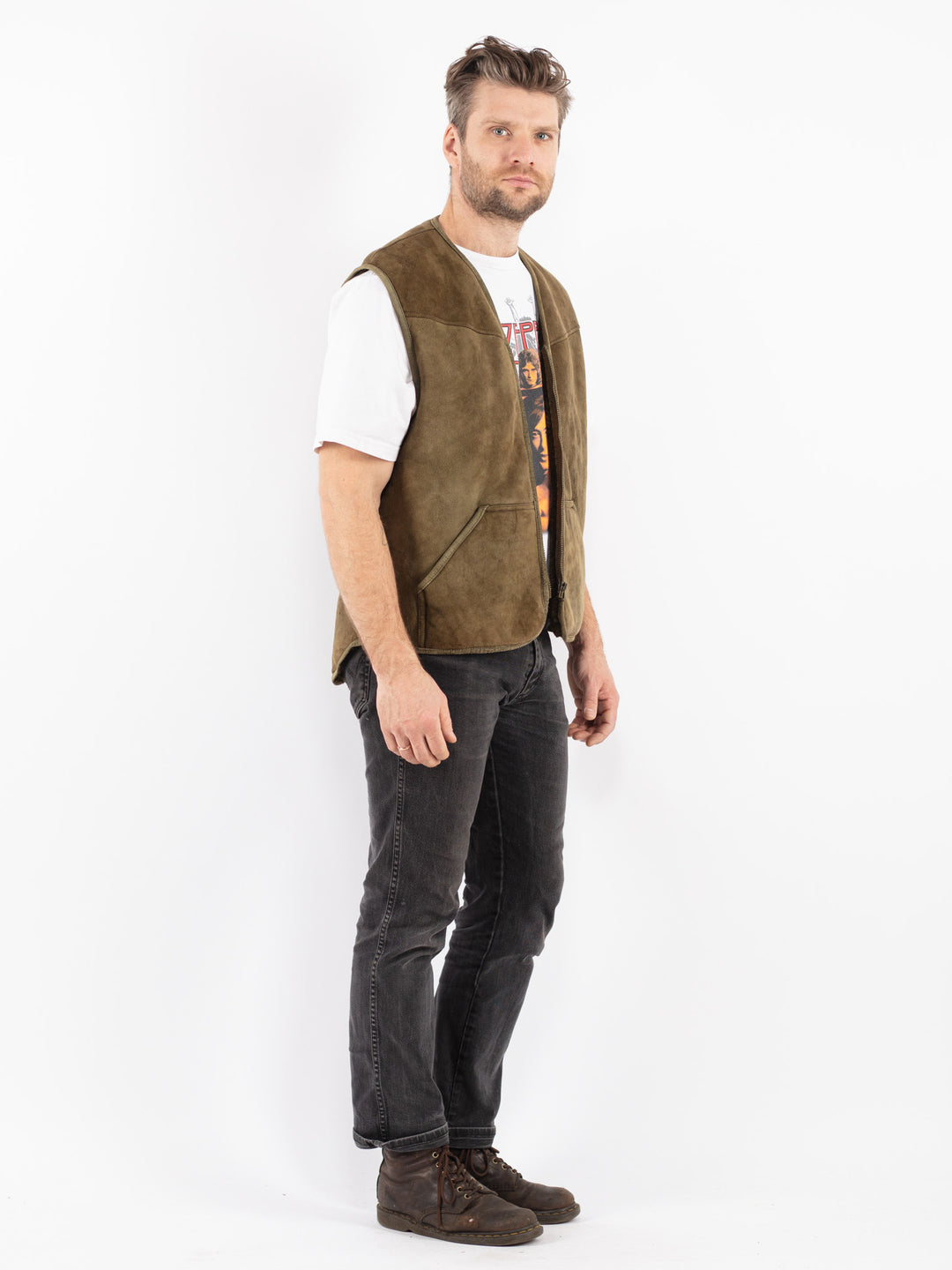 Vintage 70's Men Sheepskin Vest in Green