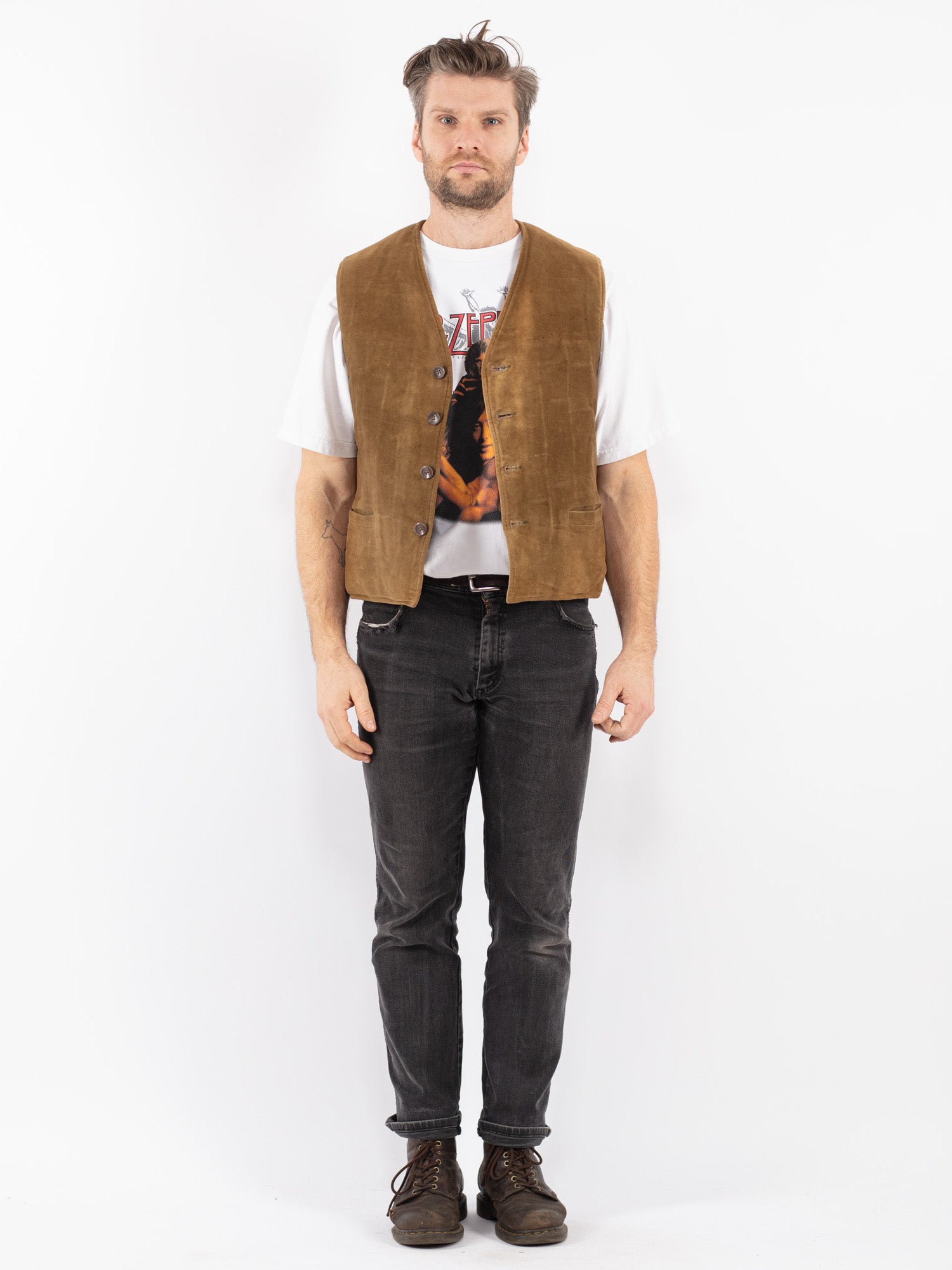 Vintage fashion men's vest with Sherpa wool and true leather