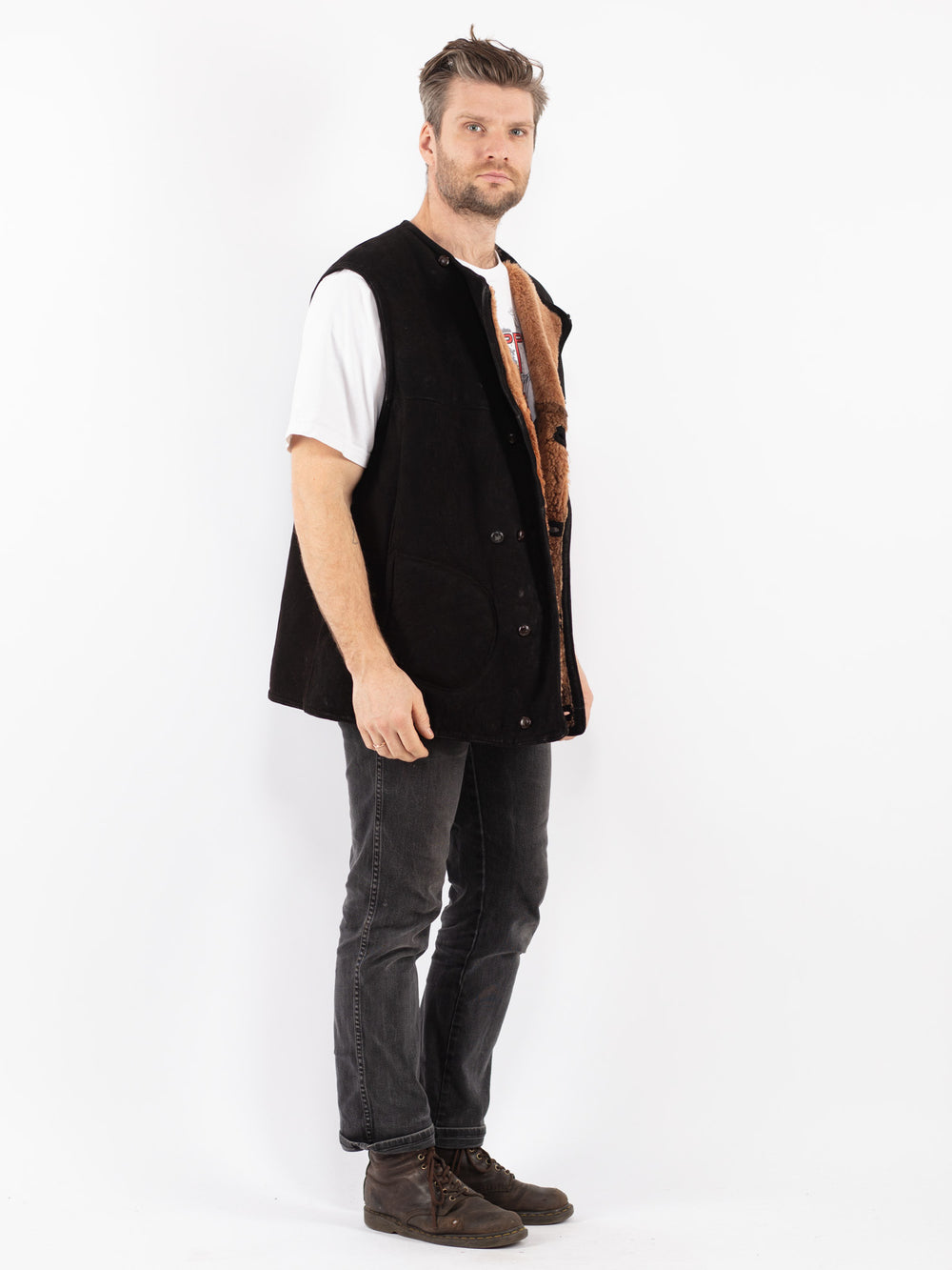 Vintage 70's Men Sheepskin Vest in Black - NorthernGrip