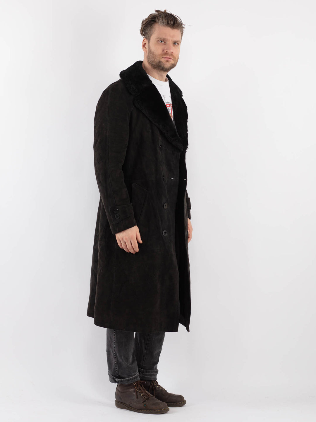 Vintage 70's Men Suede Sherpa Coat in Black