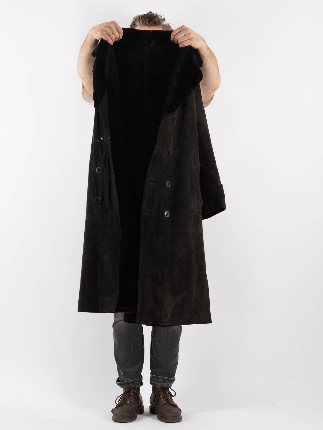 Vintage 70's Men Suede Sherpa Coat in Black