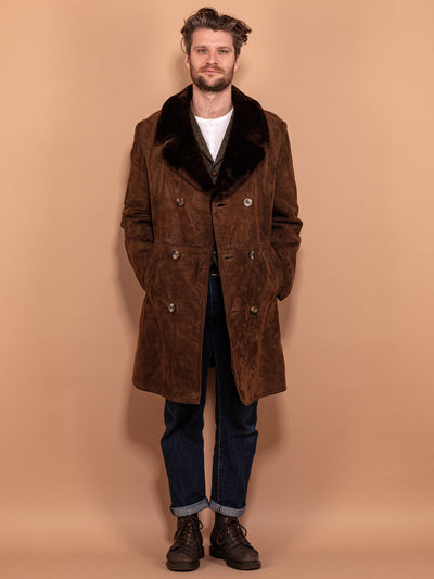 Suede Sherpa Coat 70's, Size Large L Vintage Men Suede Coat, Western Cowboy Coat, Retro Suede Winter Coat, Pre-Owned Coat, 70s Outerwear