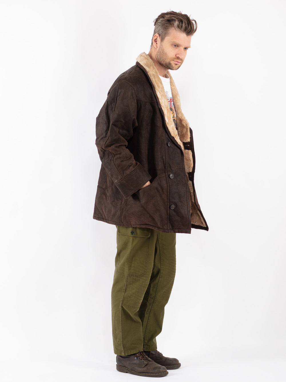 Vintage Men Suede Sherpa Coat in Brown