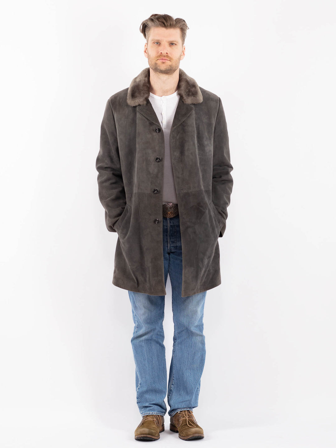 Vintage 70's Men Suede Sherpa Coat in GrayZ1407