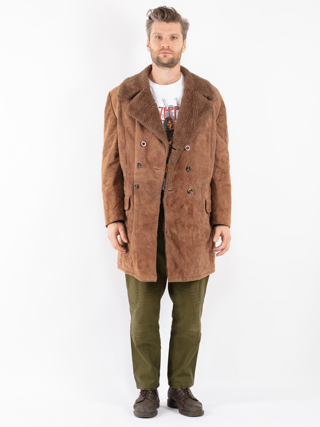 Vintage Men Suede Sherpa Coat in Beige