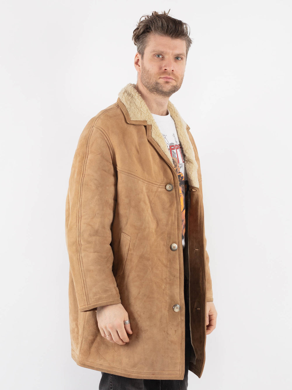 Vintage 70's Men Suede Sherpa Coat in Beige - NorthernGrip