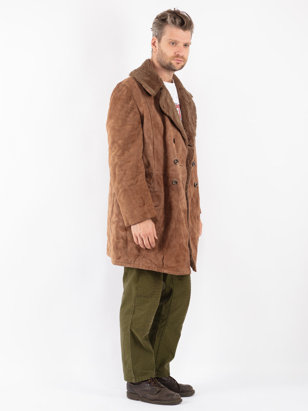 Vintage Men Suede Sherpa Coat in Beige