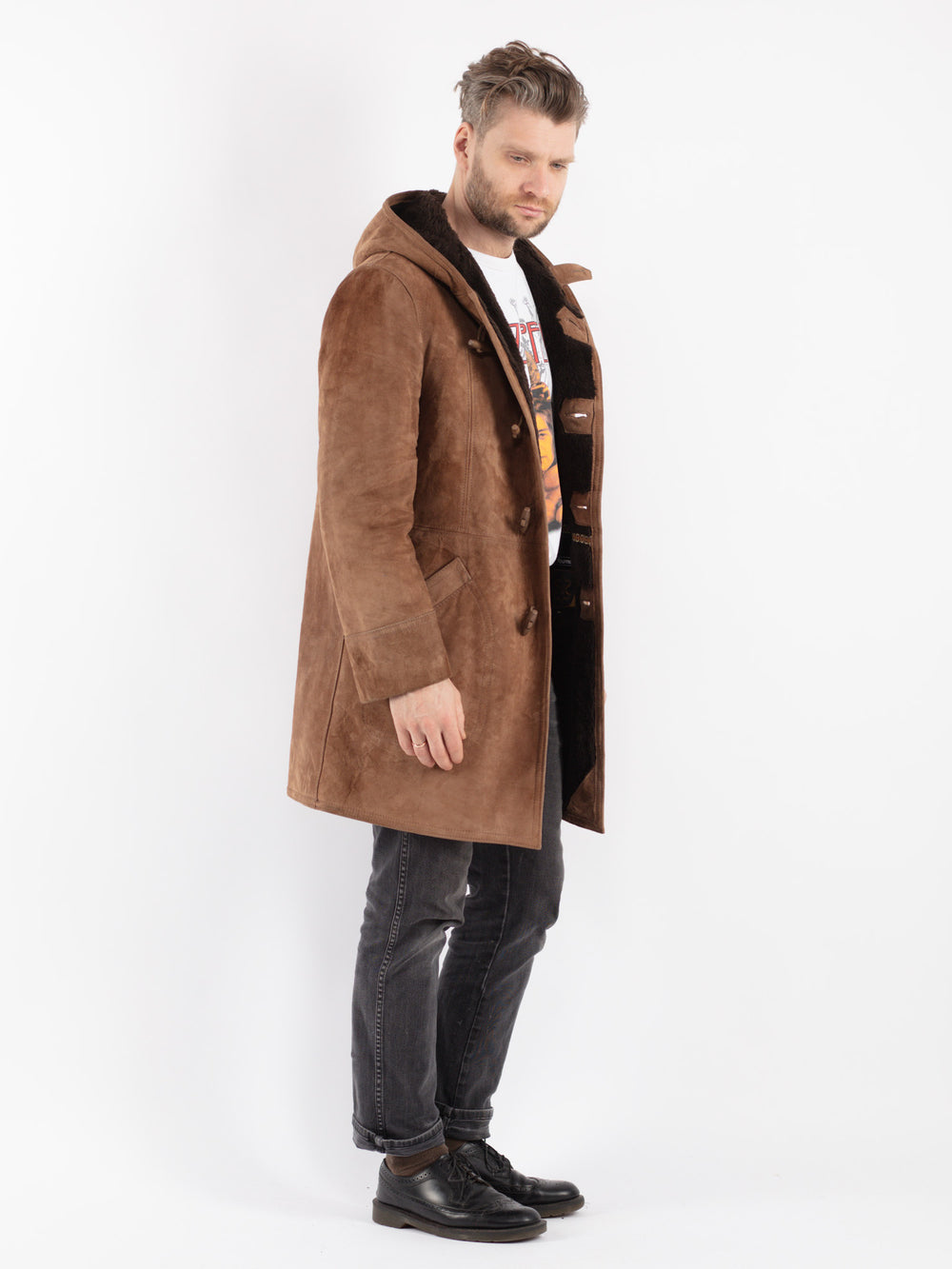 Vintage 70's Men Suede Sherpa Coat in Beige