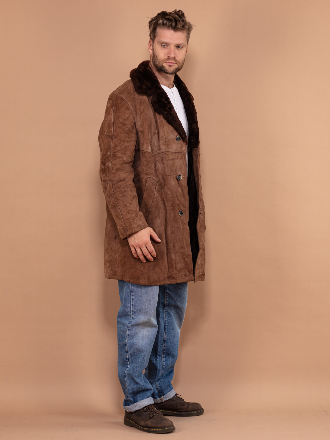 Vintage 70's Men Suede Sherpa Coat in Brown