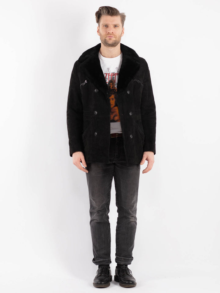 Vintage 70's Men Suede Sherpa Coat in Black