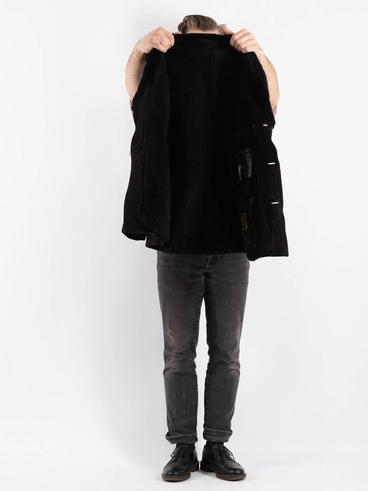 Vintage 70's Men Suede Sherpa Coat in Black