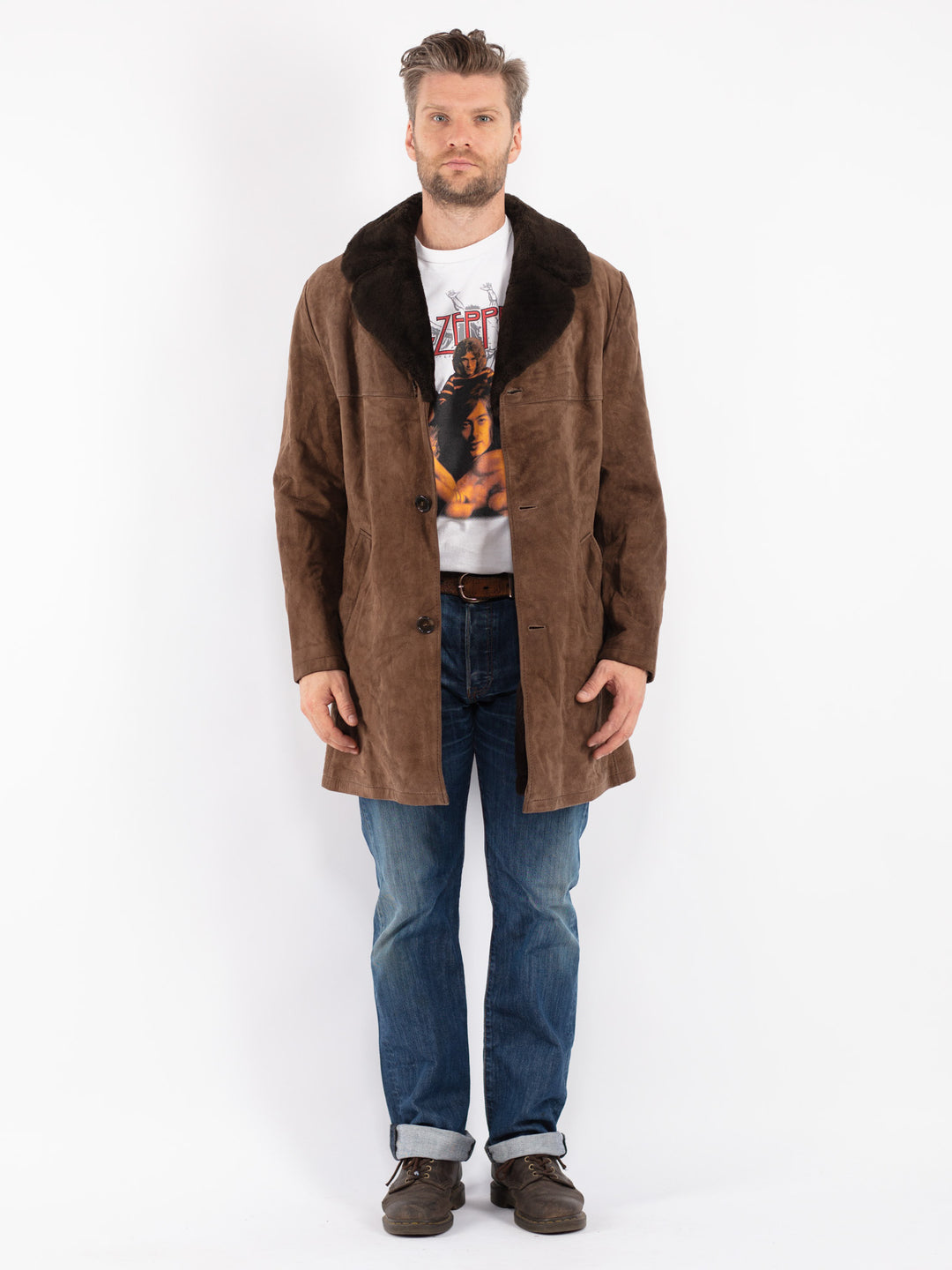 Vintage Men Suede Sherpa Coat in Brown
