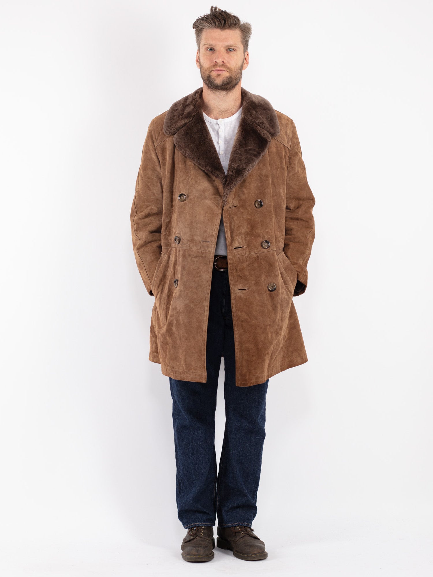 Online Vintage Store Vintage 70 s Men Suede Sherpa Coat in Brown Northern Grip NorthernGrip