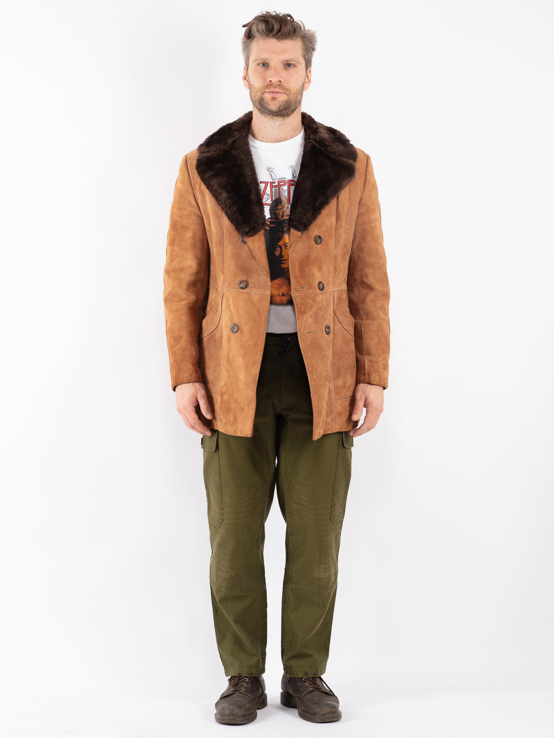 Vintage Men Suede Sherpa Coat in Beige