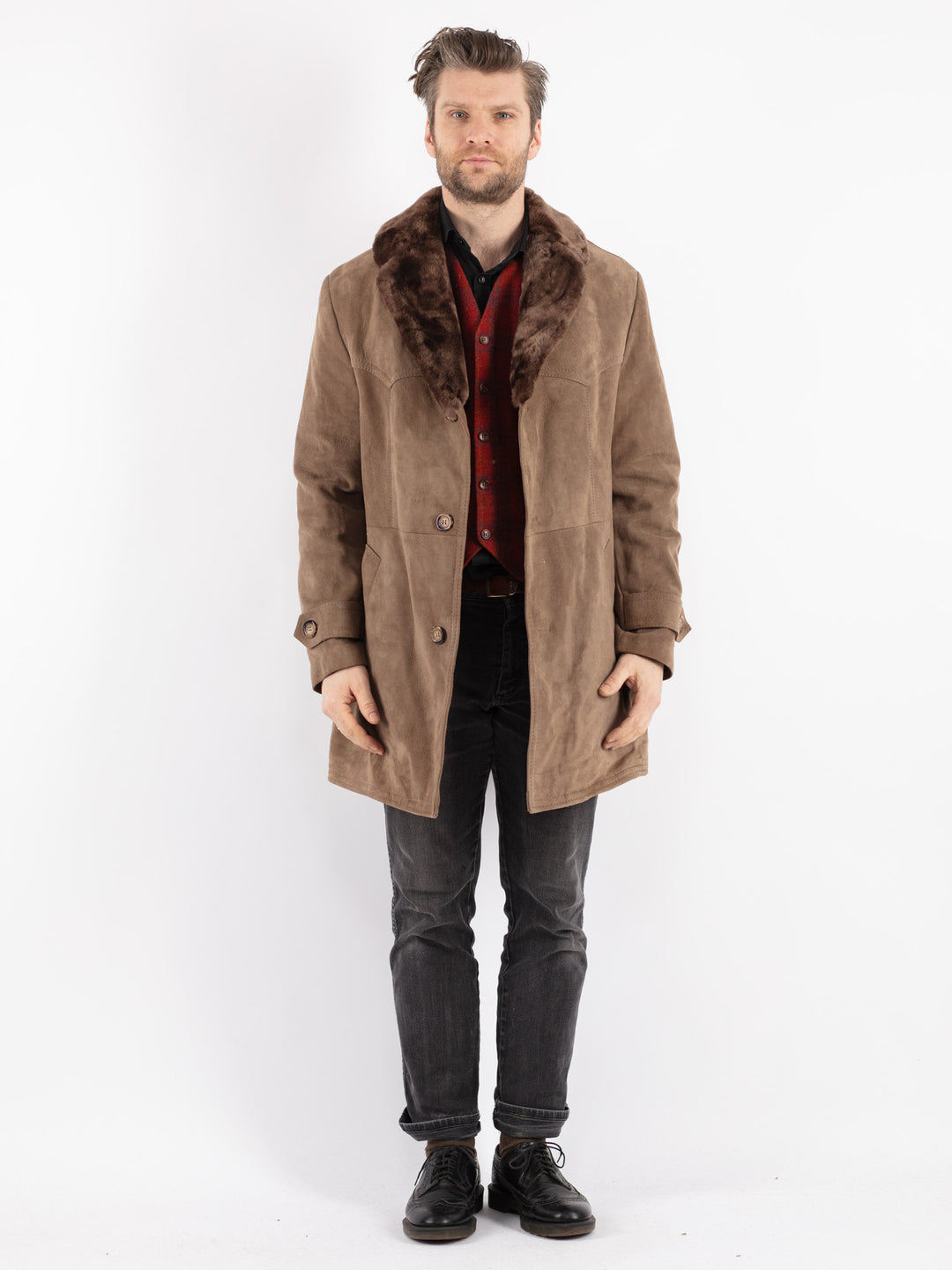 Vintage 70's Men Suede Sherpa Coat in Beige