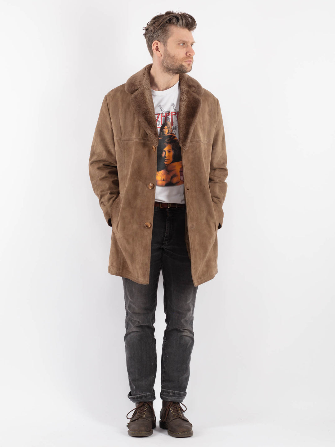 Vintage 70's Men Suede Sherpa Coat in Beige