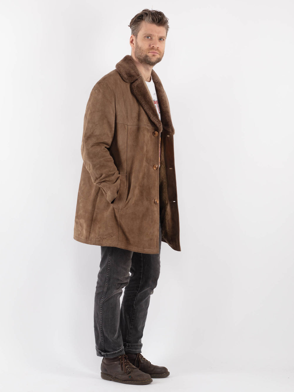 Vintage 70's Men Suede Sherpa Coat in Beige