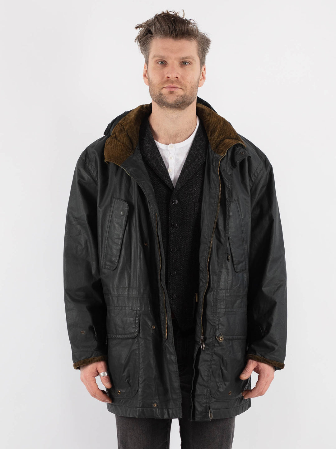 Vintage 70's Men Hooded Waxed Canvas Jacket in Black - NorthernGrip