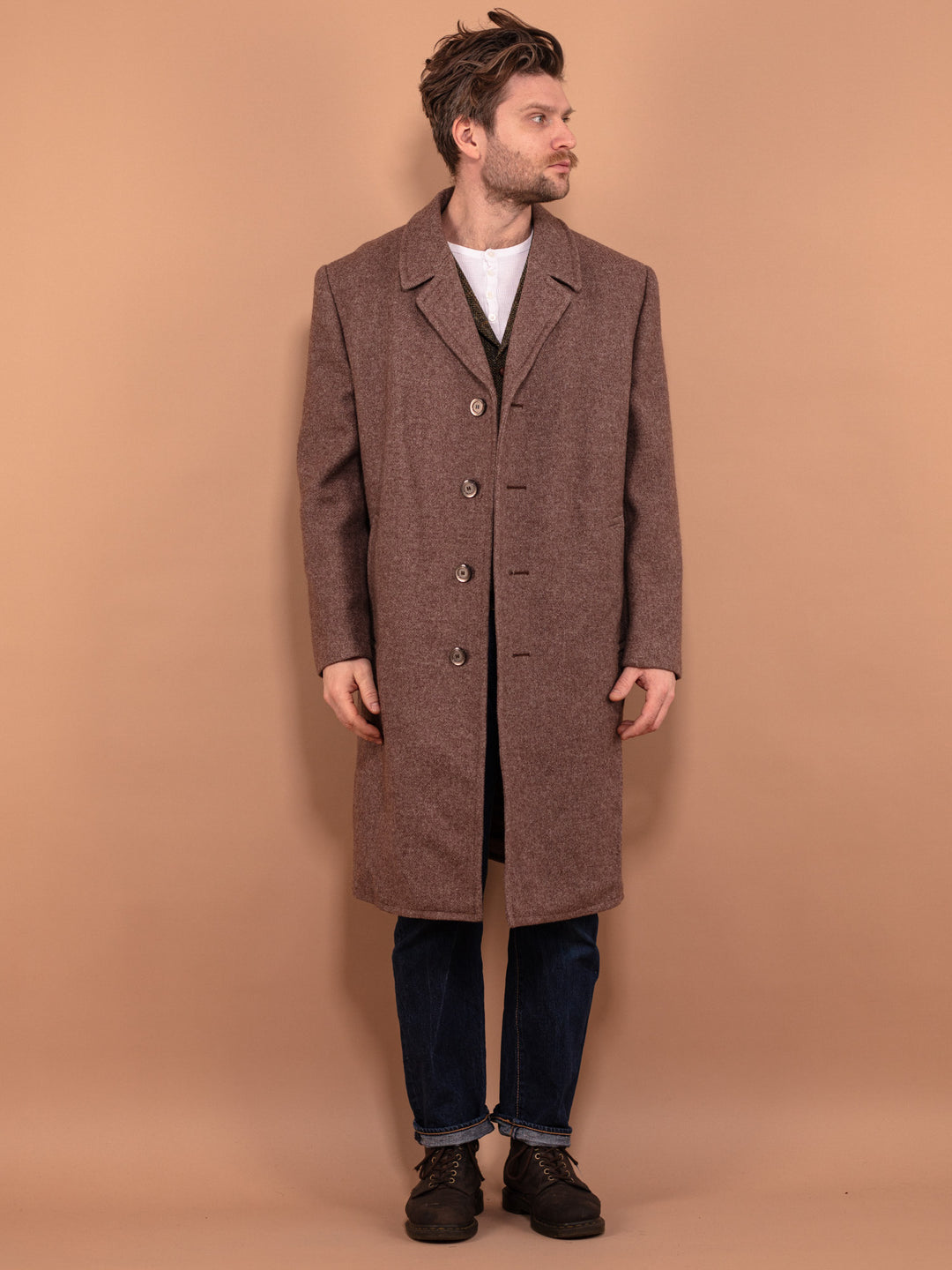 Long Brown Wool Coat, Size Large L, Vintage Woolen Coat, Pure New Wool Overcoat, Mens Clothing, Spring Clothing, Timeless Coat, BetaMenswear