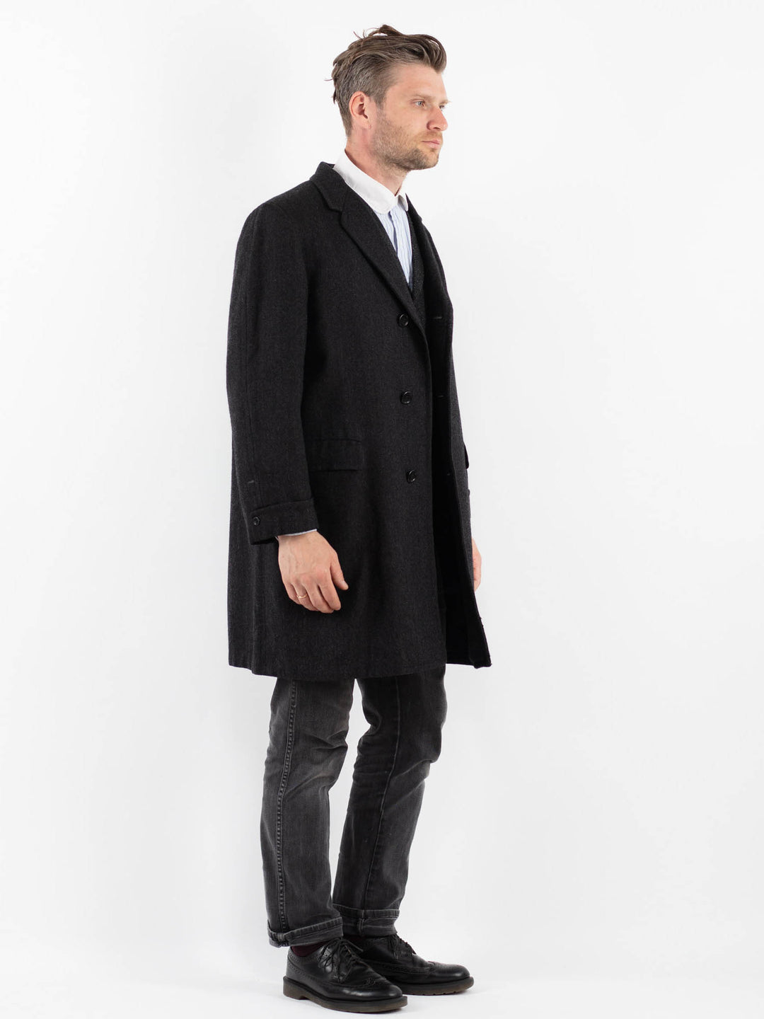 Vintage 70's Men Wool Coat in Dark Gray