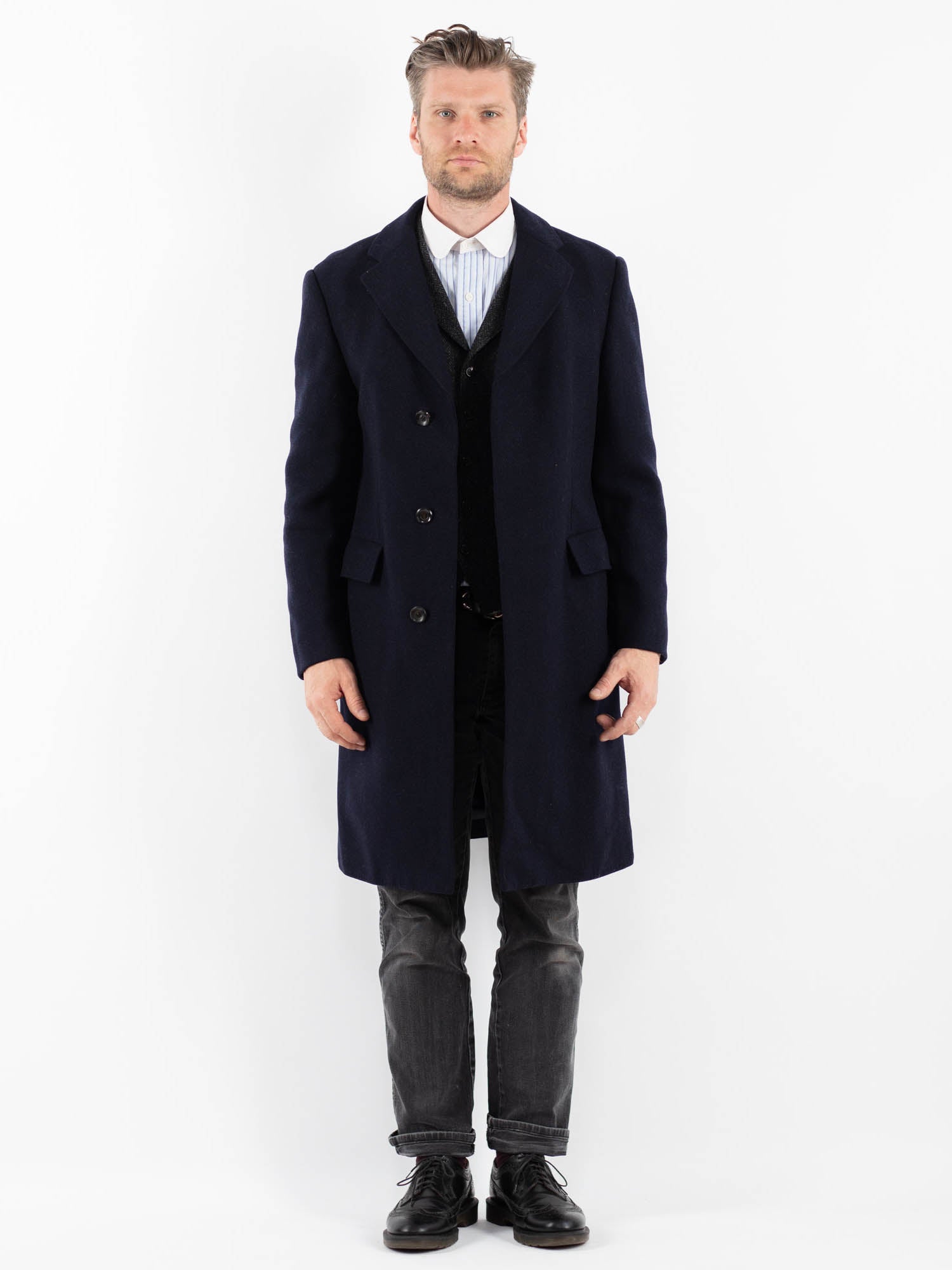 70s ITALY Made Wool Gold button Coat コート Online Vintage Store | 70's Men Military Wool Coat in Navy
